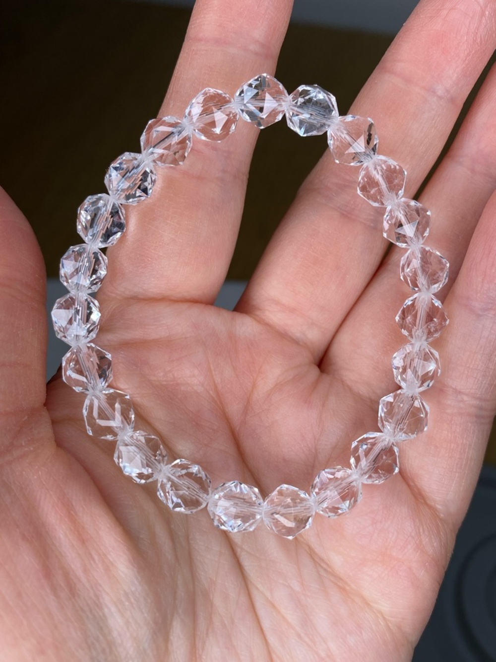 Faceted Clear Quartz Bracelet • High-Clarity Prismatic Crystal Ball Stretch - Picture 4 of 7